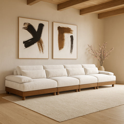 Kira 175.5" Cream Chenille Fabric Upholstered Sofa, 4-Piece