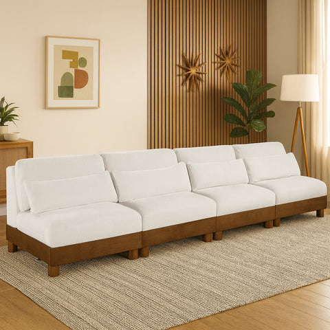 Kira 160" Cream Chenille Fabric Upholstered Sofa, 4-Piece
