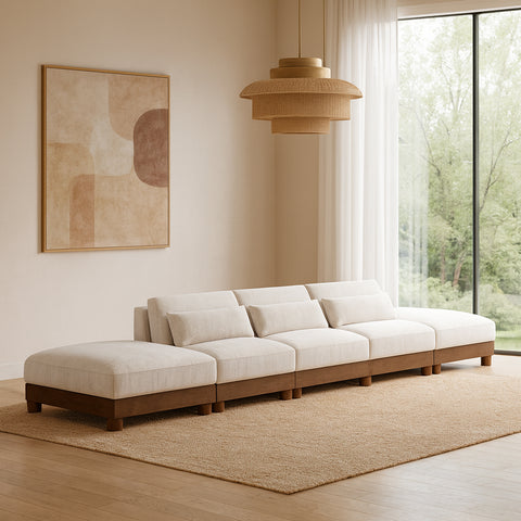 Kira 200" Cream Chenille Fabric Upholstered Sofa, 5-Piece