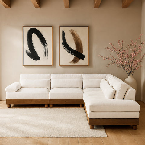 Kira 127.75" Cream Chenille Fabric Upholstered Sectional, 5-Piece