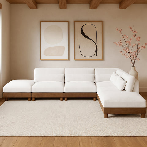 Kira 160" Cream Chenille Fabric Upholstered Sectional, 6-Piece