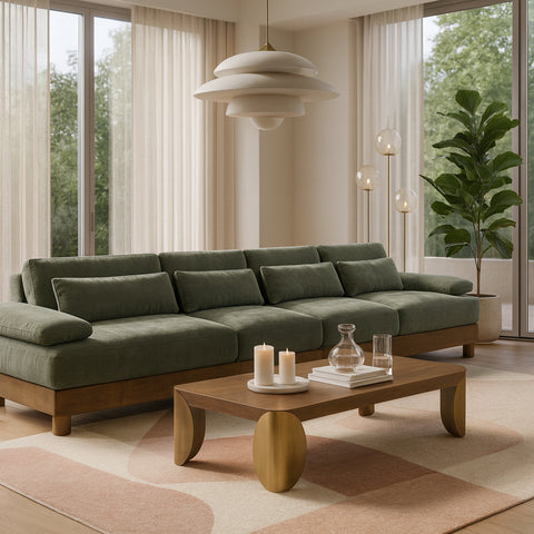 Kira 175.5" Green Chenille Fabric Upholstered Sofa, 4-Piece