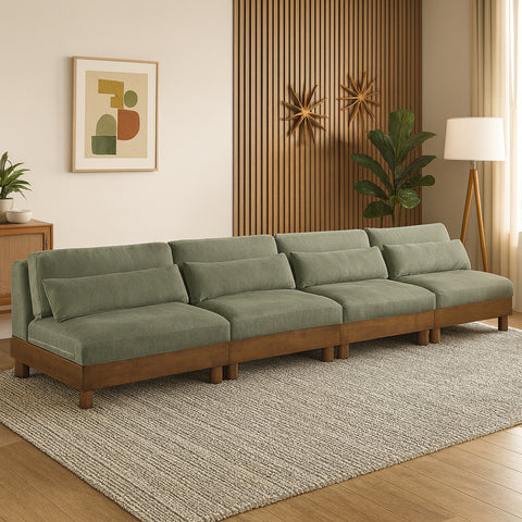 Kira 160" Green Chenille Fabric Upholstered Sofa, 4-Piece