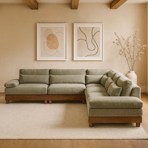 Kira 167.75" Green Chenille Fabric Upholstered Sectional, 6-Piece