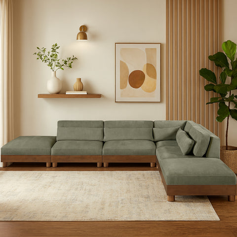 Kira 160" Green Chenille Fabric Upholstered Sectional, 6-Piece