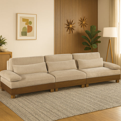 Kira 135.5" Taupe Chenille Fabric Upholstered Sofa, 3-Piece