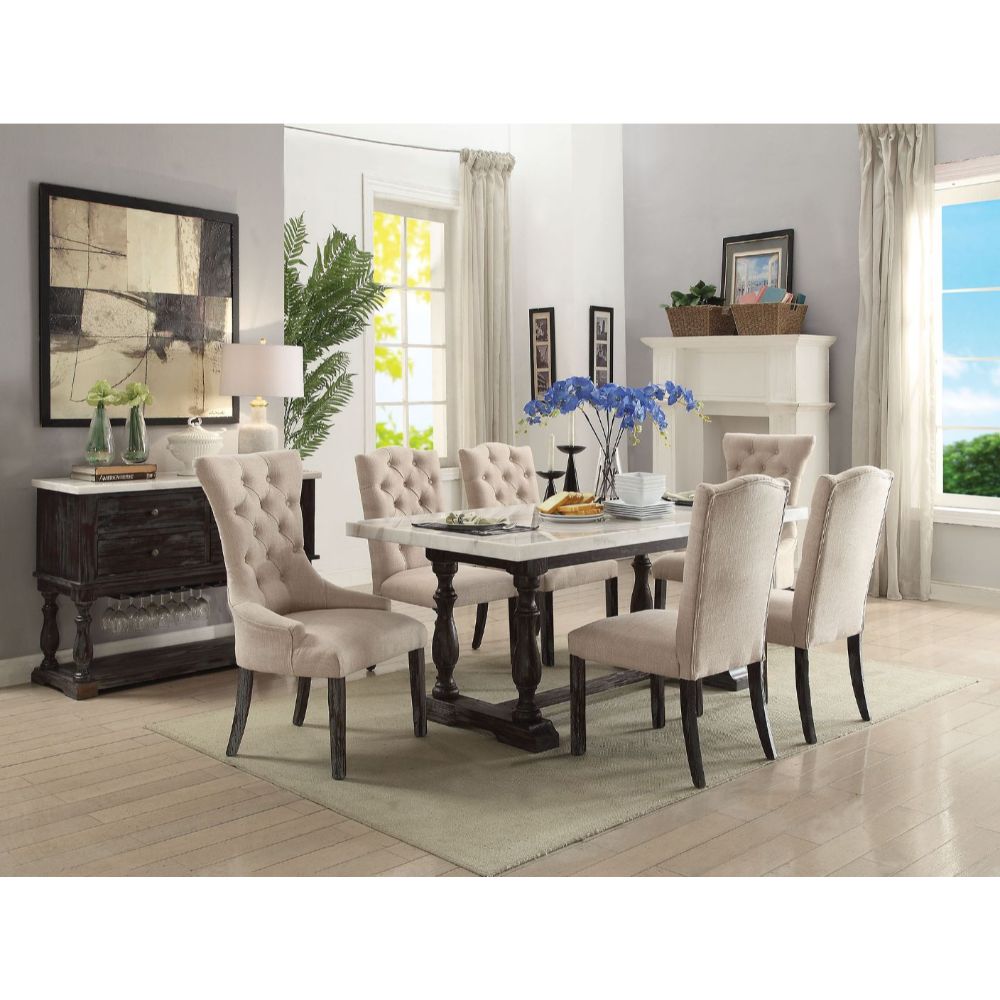 evangeline dining table, white marble top & weathered espresso finish