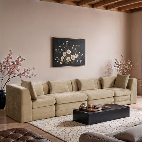 Willow 152" Beige Chenille Fabric Upholstered Sofa, 4-Piece (Style 2)