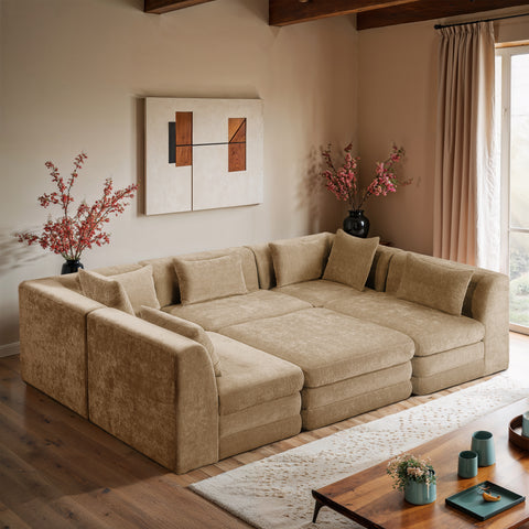 Willow 114" Beige Chenille Fabric Upholstered 6Pc. Sectional, 6-Piece