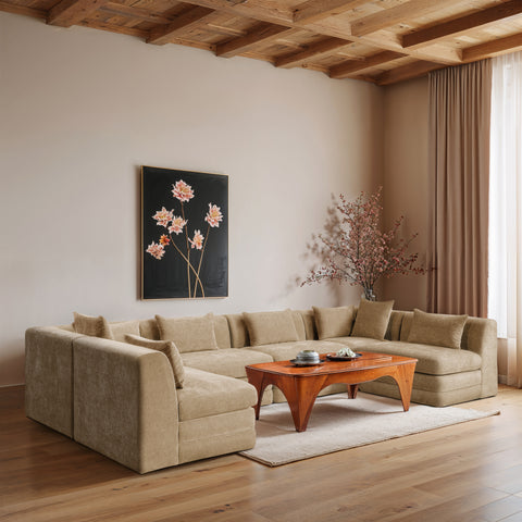 Willow 152" Beige Chenille Fabric Upholstered 6Pc. Sectional, 6-Piece (Style 3)
