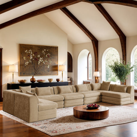 Willow 190" Beige Chenille Fabric Upholstered 7Pc. Sectional, 7-Piece