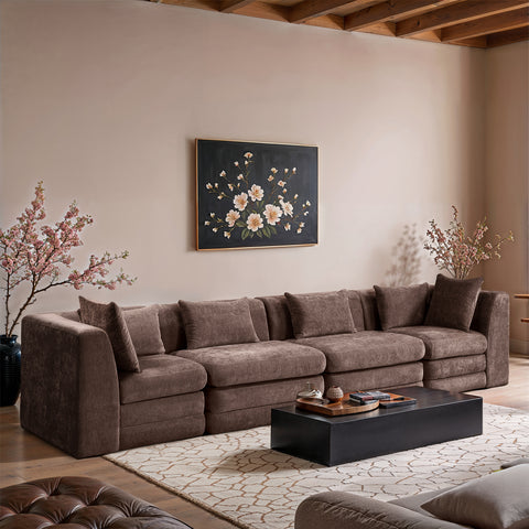 Willow 152" Brown Chenille Fabric Upholstered Sofa, 4-Piece (Style 2)