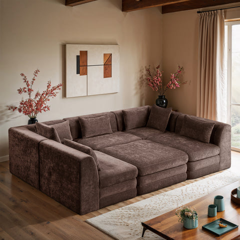 Willow 114" Brown Chenille Fabric Upholstered 6Pc. Sectional, 6-Piece