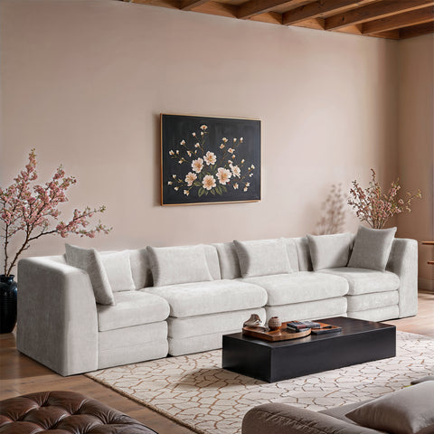 Willow 152" Cream Chenille Fabric Upholstered Sofa, 4-Piece (Style 2)