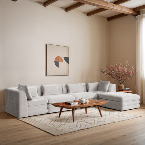Willow 152" Cream Chenille Fabric Upholstered 5Pc. Sectional, 5-Piece