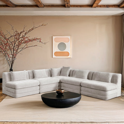 Willow 114" Cream Chenille Fabric Upholstered 5Pc. Sectional, 5-Piece