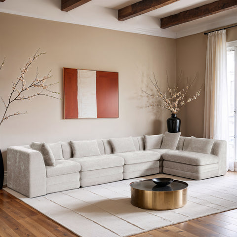 Willow 152" Cream Chenille Fabric Upholstered 5Pc. Sectional, 5-Piece (Style 2)