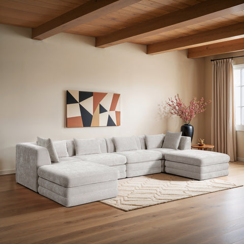 Willow 152" Cream Chenille Fabric Upholstered 6Pc. Sectional, 6-Piece (Style 2)