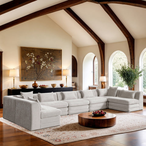 Willow 190" Cream Chenille Fabric Upholstered 7Pc. Sectional, 7-Piece