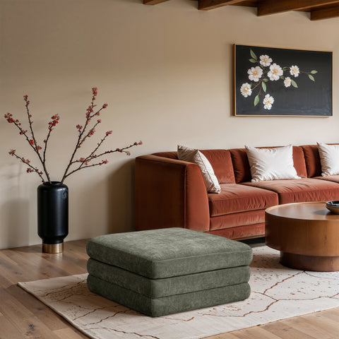 Willow Green Chenille Fabric Upholstered Ottoman, 1 Piece