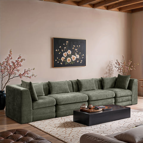 Willow 152" Green Chenille Fabric Upholstered Sofa, 4-Piece (Style 2)