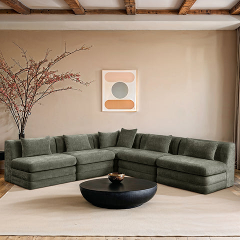 Willow 114" Green Chenille Fabric Upholstered 5Pc. Sectional, 5-Piece