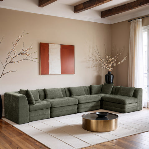 Willow 152" Green Chenille Fabric Upholstered 5Pc. Sectional, 5-Piece (Style 2)