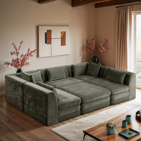 Willow 114" Green Chenille Fabric Upholstered 6Pc. Sectional, 6-Piece