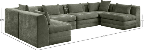 Willow 152" Green Chenille Fabric Upholstered 6Pc. Sectional, 6-Piece (Style 3)