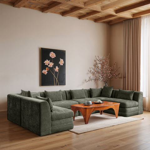 Willow 152" Green Chenille Fabric Upholstered 6Pc. Sectional, 6-Piece (Style 3)