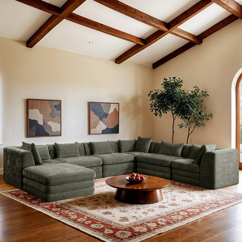 Willow 152" Green Chenille Fabric Upholstered 7Pc. Sectional, 7-Piece
