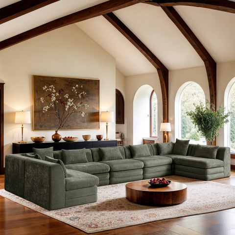 Willow 190" Green Chenille Fabric Upholstered 7Pc. Sectional, 7-Piece
