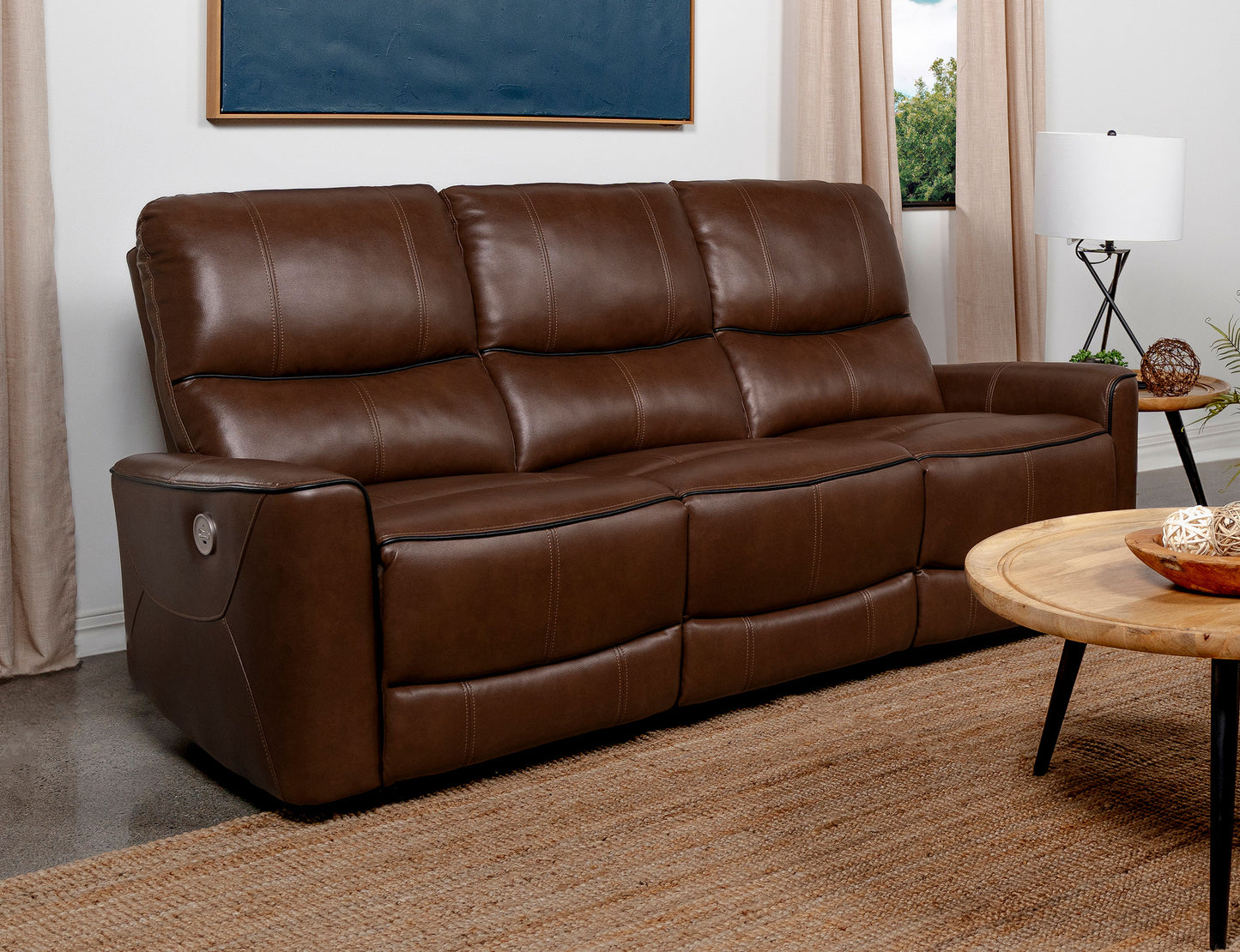 keene upholstered power reclining sofa saddle brown