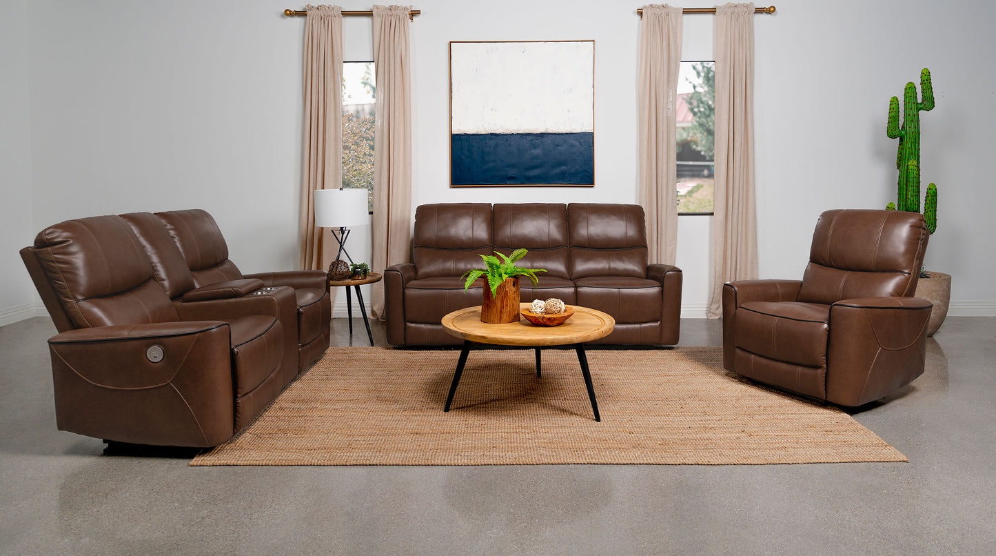 keene upholstered power reclining sofa saddle brown