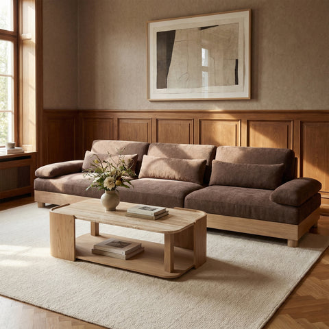 Kira 135.5" Brown Chenille Fabric Upholstered Modular Sofa, 3-Piece