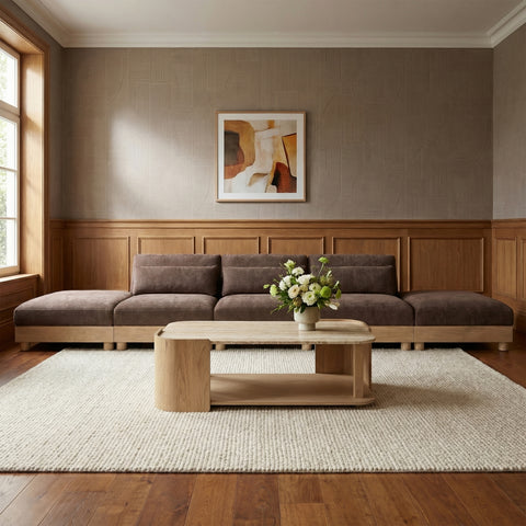 Kira 200" Brown Chenille Fabric Upholstered Modular Sofa, 5-Piece