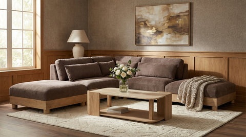 Kira 120" Brown Chenille Fabric Upholstered Modular Sectional, 5-Piece (Style 2)