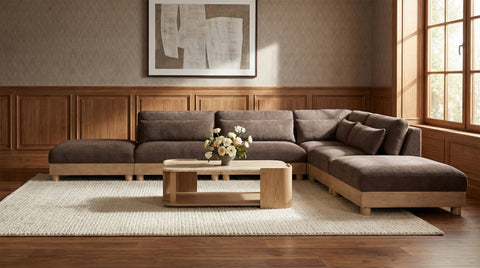Kira 160" Brown Chenille Fabric Upholstered Modular Sectional, 6-Piece