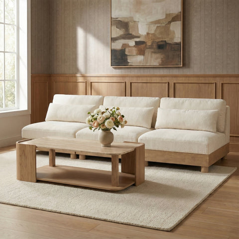 Kira 120" Cream Chenille Fabric Upholstered Modular Sofa, 3-Piece