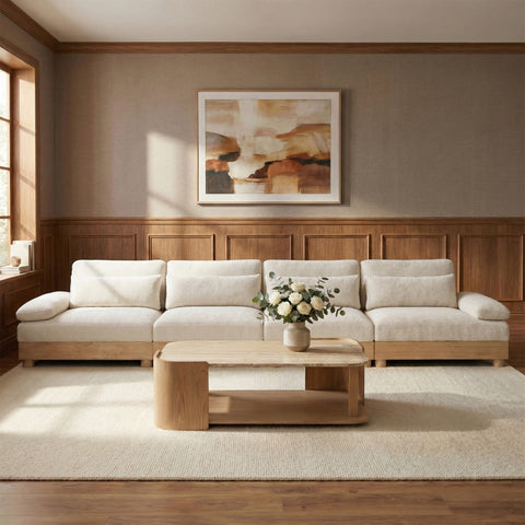 Kira 175.5" Cream Chenille Fabric Upholstered Modular Sofa, 4-Piece