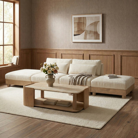 Kira 160" Cream Chenille Fabric Upholstered Modular Sofa, 4-Piece (Style 2)