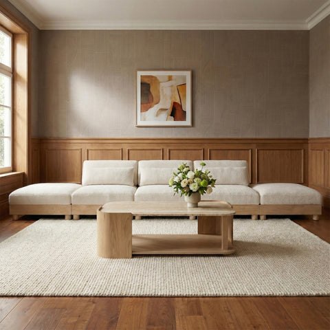 Kira 200" Cream Chenille Fabric Upholstered Modular Sofa, 5-Piece