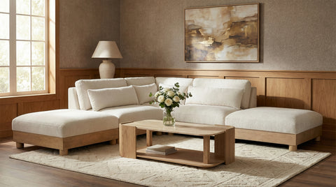 Kira 120" Cream Chenille Fabric Upholstered Modular Sectional, 5-Piece (Style 2)