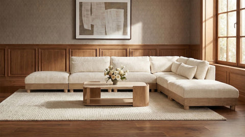 Kira 160" Cream Chenille Fabric Upholstered Modular Sectional, 6-Piece