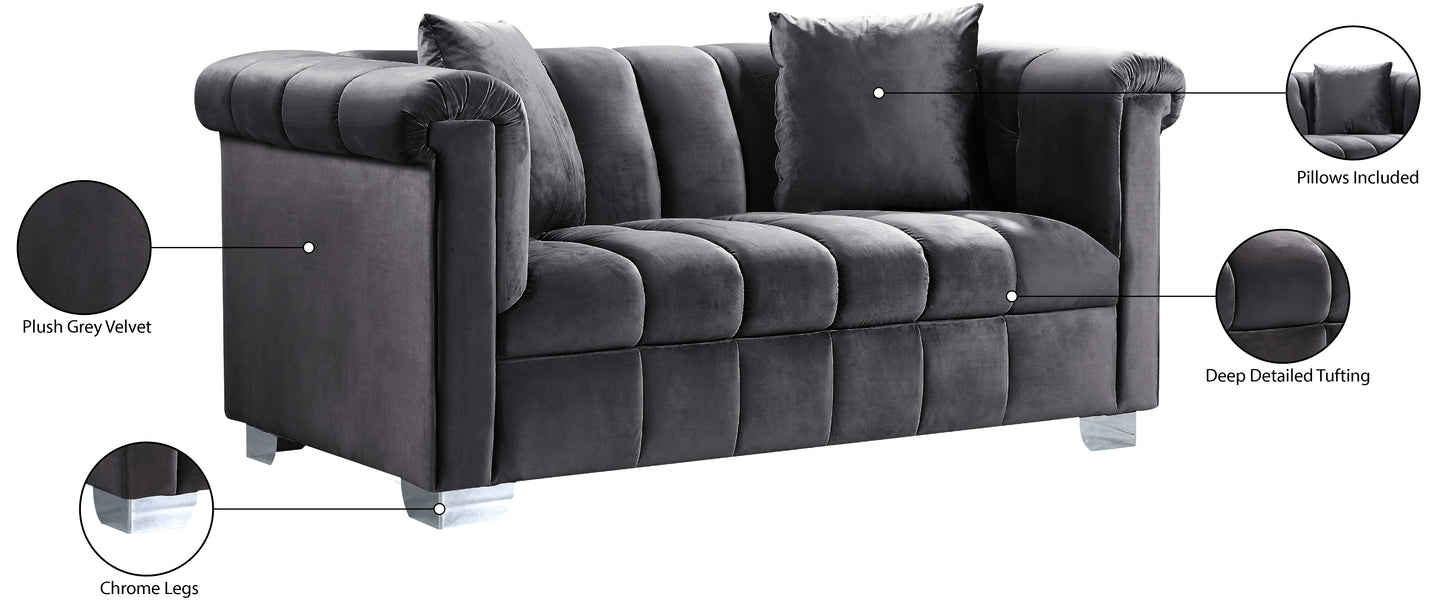 rivet grey velvet loveseat l