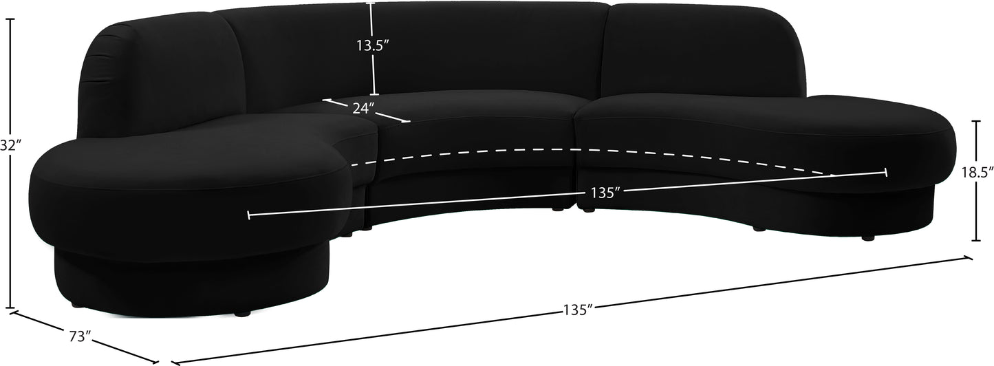 otto black velvet 3pc. sectional (3 boxes) sectional