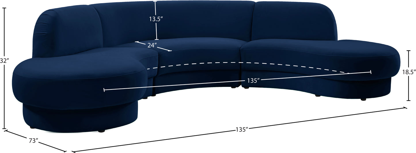 otto navy velvet 3pc. sectional (3 boxes) sectional