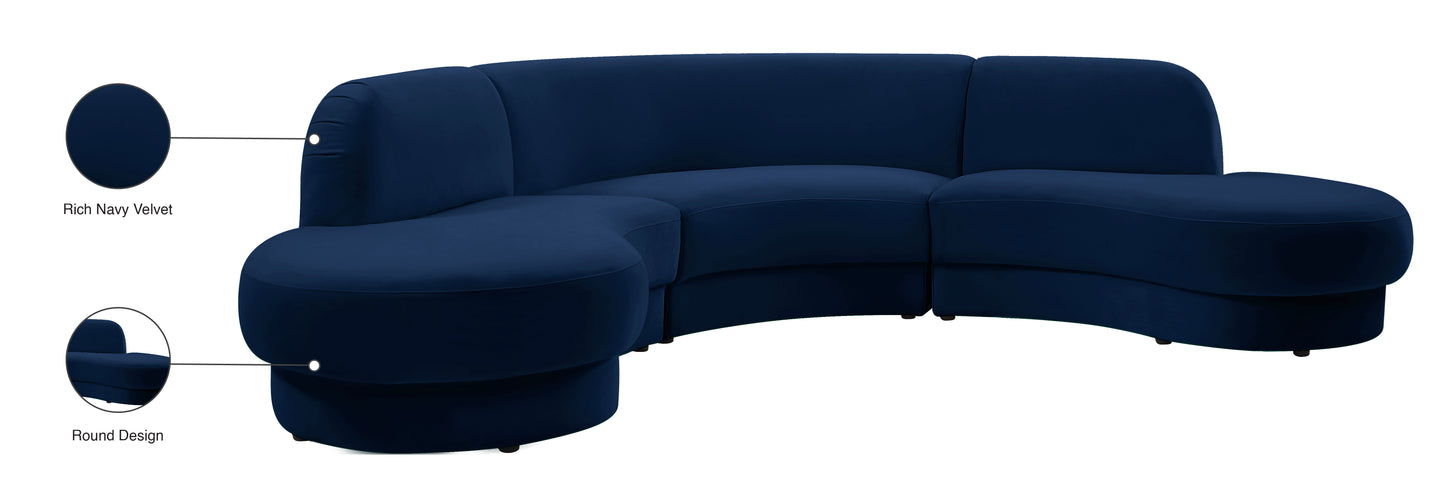 otto navy velvet 3pc. sectional (3 boxes) sectional