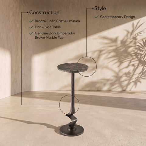 Juniper Brown Genuine Marble And Aluminum End / Side Table, 1 Piece