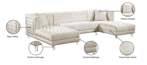 Laurel 127" Cream Velvet Upholstered Sectional, 3-Piece